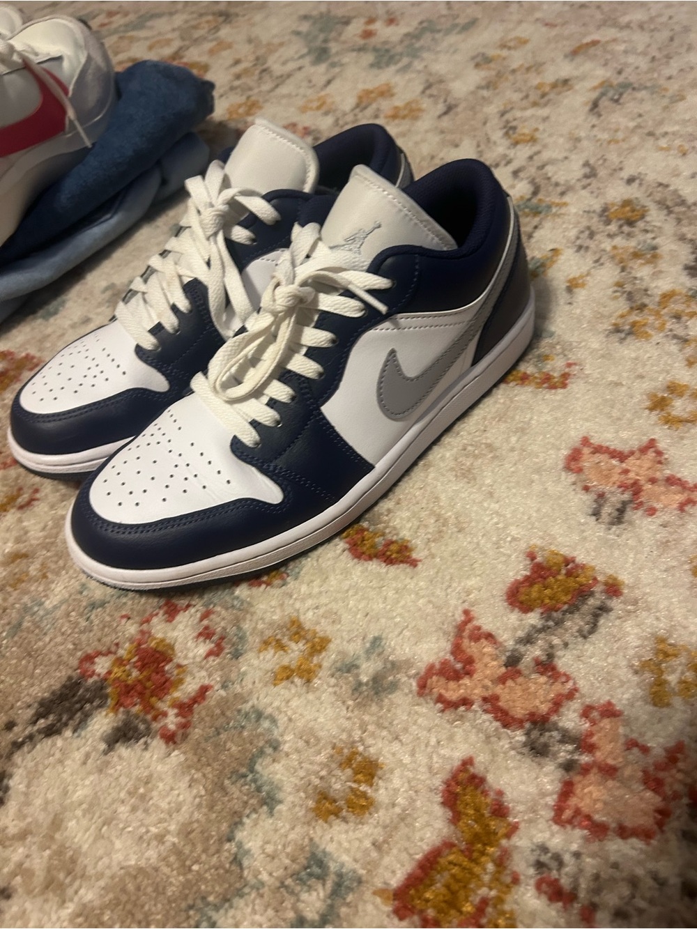 Jordan Low-Top Sneakers in White and Navy with Grey Swoosh